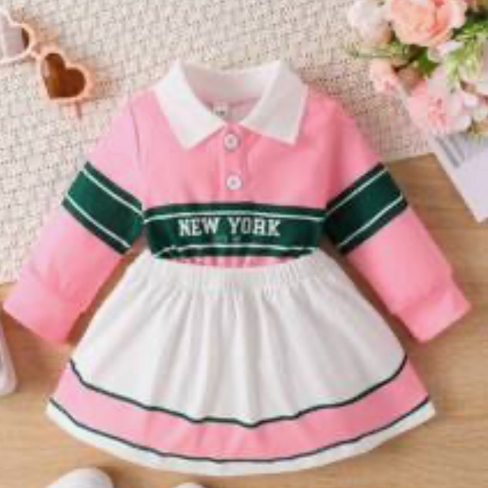 Pink and White Baby Dress with Green Stripes